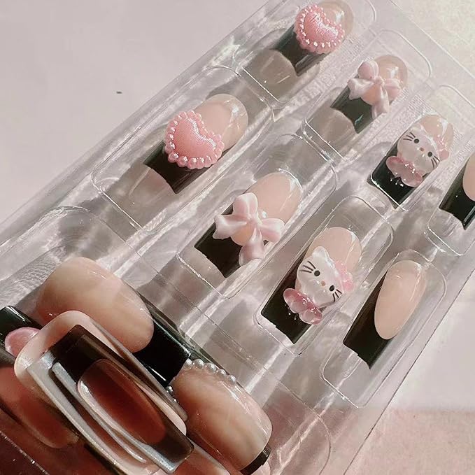 Cute Press on Nails Medium Long Black French Fake Nails Square Pink Glossy 3D Heart False Nail Tips Artificial Nails Finger Manicure for Women 24pcs