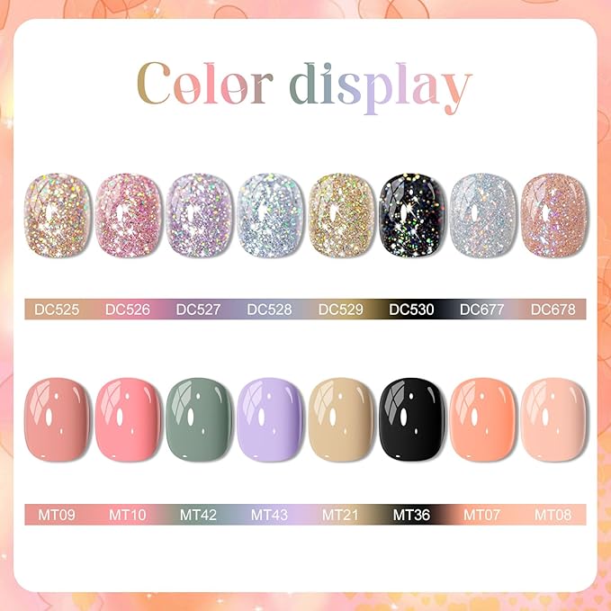 MTSSII Pink Purple Khaki Black Gel Nail Polish 18 Pcs Pink Purple Silver Yellow Black Glitter Gel Nail Polish with Base Gel Set Glitter Polish Kit for DIY Nail Art Women Gifts