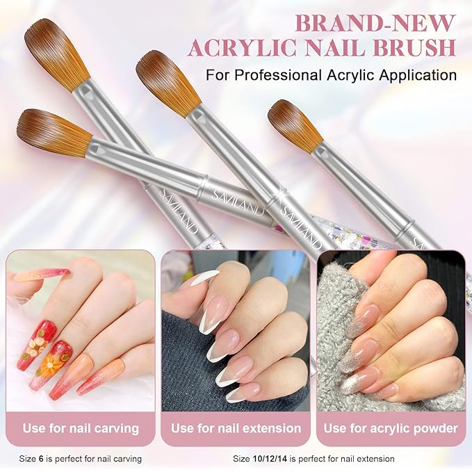 SAVILAND Kolinsky Acrylic Nail Brush Set: Size 6,10,12,14 Professional Nail Art Brushes with Silver Handle for Acrylic Powder, Nail Extensions & 3D Carving - Salon & DIY Nail Art Supplies