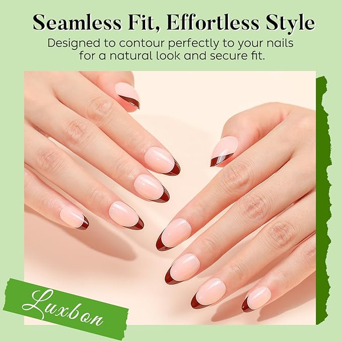 Luxbon Press On Nails with No-Cure Nail Glue and Tool Kit – Short Almond Glue On Nails French Manicure Soft Gel Nail Tips 25-30pcs Full Size Set, Reusable Fake Nails for Women, Maroon