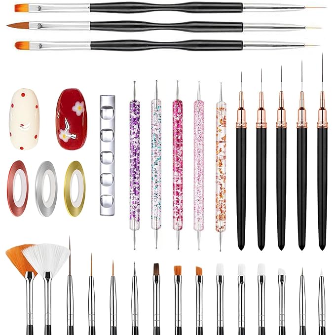 Nail Art Brushes Nail Art Tool Kit, Nail Design Tools Set with Liner Brushes, Dotting Pens, UV Gel Brushes, for DIY Nail Art, Salon and Home Use (Black Style 32pcs)