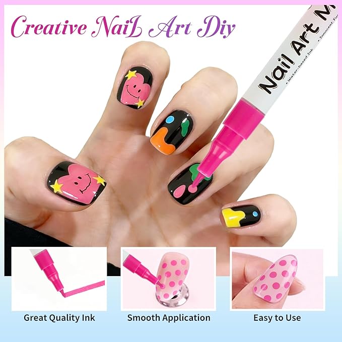 24 Colors Nail Art Pens Set, 3D 0.5MM Nail Polish Pens, DIY Nail Markers, Quick Drying Long Lasting Paint Graffiti Point Dotting Liner Pen Tools for Home & Salon
