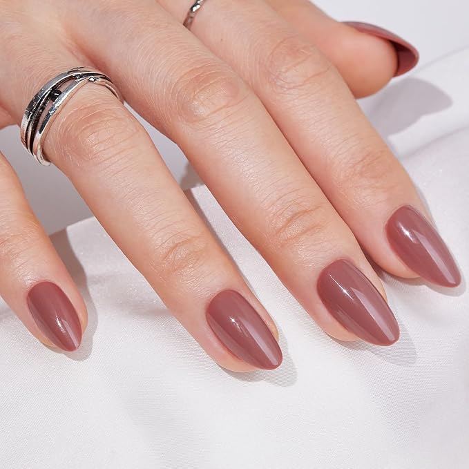 Press On Nails - Findigit Short Almond Cameo Brown False Stick Glue On Nails, Reusable Stick On Fake Nails with Glue Salon Quality,Natural Fit 16 Sizes - 32 Nail Kits, Coffee Cream