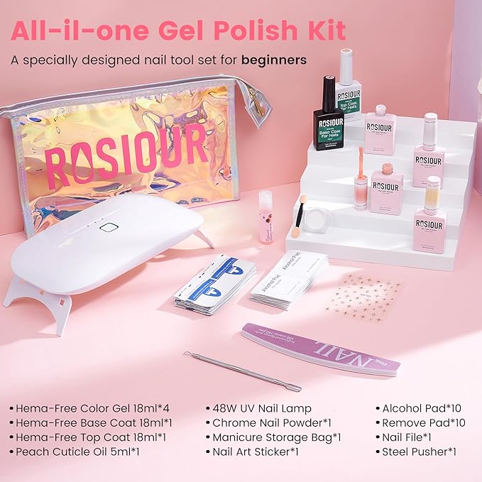 TPO and HEMA Free Gel Nail Polish Kit with U V Light - Milky White Nude Pink Orange at Home Gel Manicure Kit with Base & Top Coat Chrome Nail Powder Set - 4 Colors Nail Art Starter Gift for Women Girl