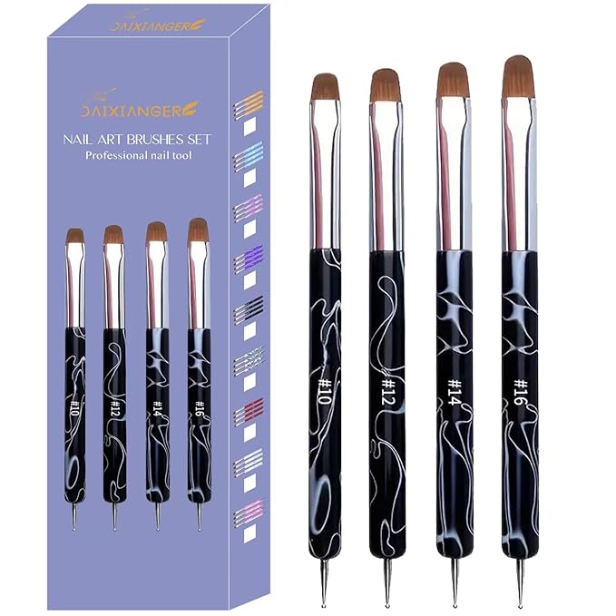 4Pcs French Tip Brush, Double-Ended French Brushes for Nails with Dotting Tool, Clean Up Brush for Gel Nail Polish, Size 10/12/14/16, Acrylic Nail Art Brushes, Manicure Tools for Nail Design-Black