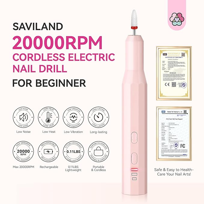 SAVILAND Cordless Nail Drill Kit: Ultra Low Noise 20000RPM Rechargeable Electric Nail File Portable Low Heat Nail Drill Machine with Complete Bits for Beginner Manicure Pedicure Home