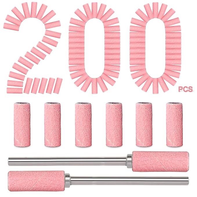 BLESWIN 200pcs Small Sanding Bands for Nail Drill Bit, 240 Fine Grit with 2pcs 3mm Drill Bits, Mini Grit Sanding Bands with Polishing Natural Nails and Cleaning Cuticle for Preparation, Pink