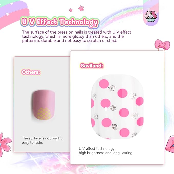 SAVILAND 168Pcs 7 Pack Press on Nails for Kids Children Fake Nails Stick on Nails Pre-glue Full Cover Glitter Gradient Color Star Short Acrylic Nail Tips Nail Art Christmas Easter Gifts for 8-12 Year