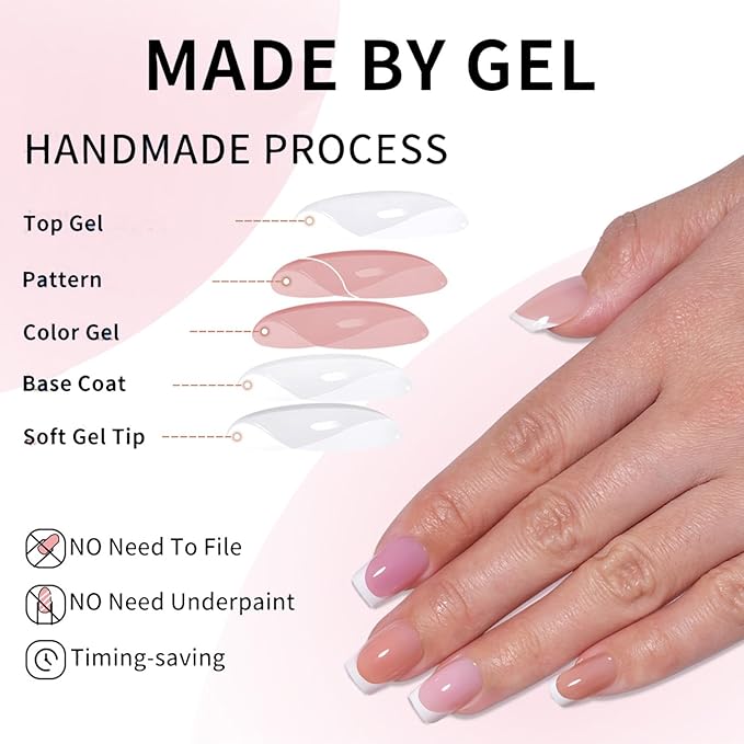 5Packs 160Pcs French Tip Press on Nails Short Square Fake Nails Glossy Acrylic False Nails Soft Gel Artificial Nails Glue on Nail for Women Girls Manicure Nail Decoration