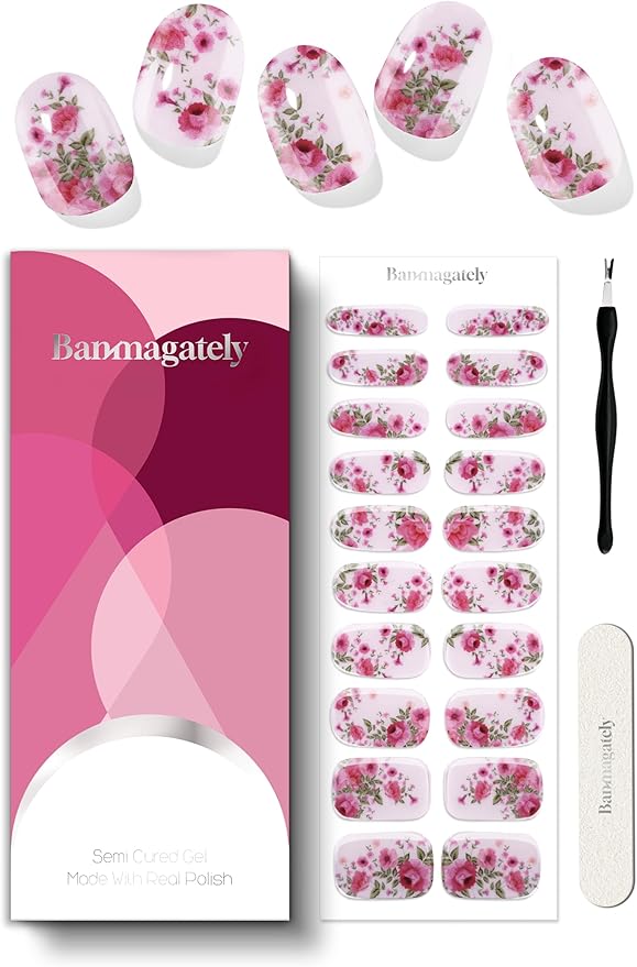 Semi Cured Gel Nail Strips, 20Pcs Long Lasting Salon Quality Wraps, Easy Apply & Remove Gel Nail Stickers with UV Light (Crystal Rose Manor Pink)