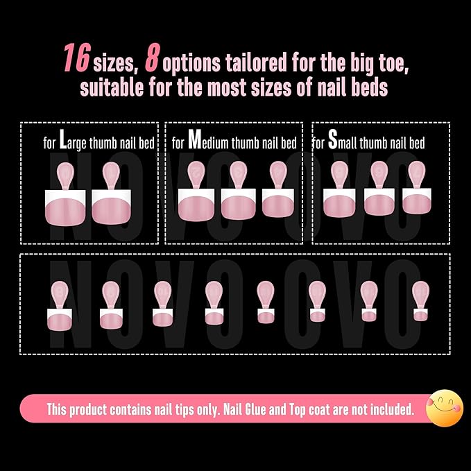 NOVO OVO Extra Short Toe Nail Tips White French Tip BERRY PINK Sharp Square Press On, Soft Gel False Fake Toenail Extension Kit, Need Apply Top Coat Buider Gel Nail Glue, Salon DIY x 16 Sizes 224 Pcs
