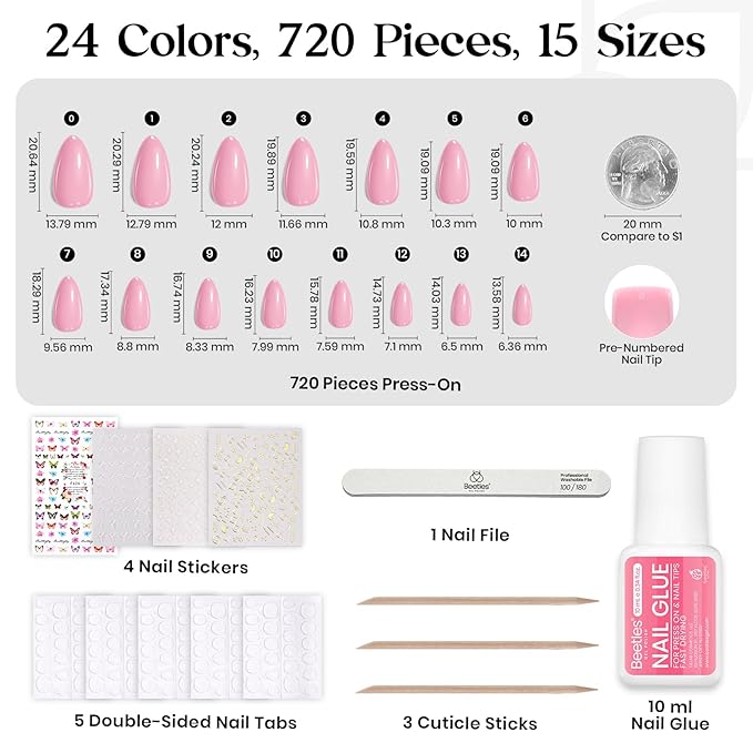 Beetles Press on Nails Kit 720Pcs 24 Colors, Short Almond Press on Nails Glossy Matte Glitter With Nail Glue & Nail Tabs Stickers, Natural Fit Lightweight Fake Nails Kit Art For Women Girls