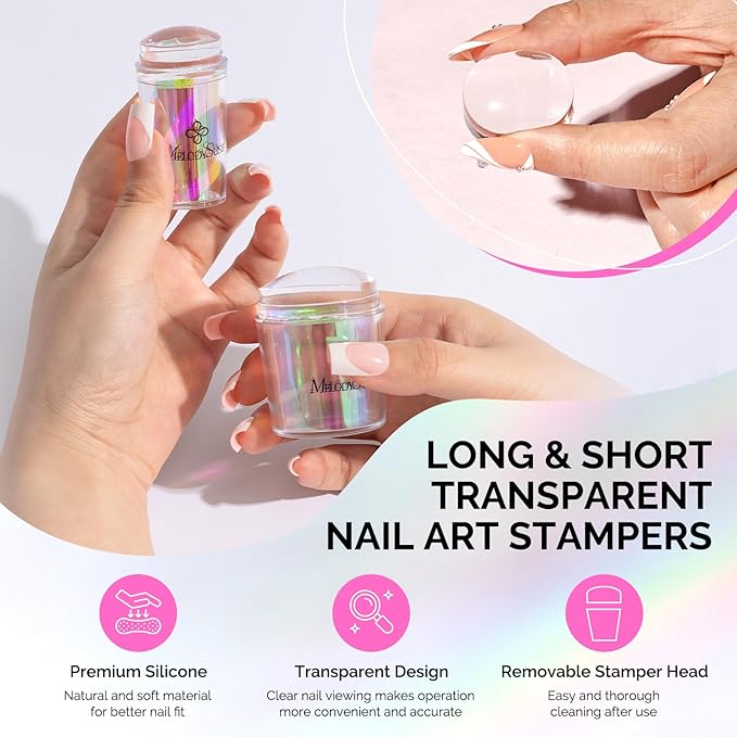 MelodySusie Nail Stamper Kit, 2 Sets Silicone French Tip Upgrade Stamp Tool, Long and Short Stampers with 2PCS Scrapers for French Manicure DIY Home Art Design Salon, Aurora