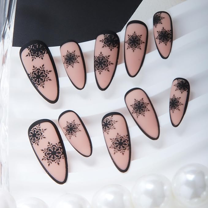 24pcs Black Snow Medium Almond Press On Nails, Reusable Nail Kit with Adhesive Tabs for Daily party and Christmas, 10 Sizes (Black Snow)