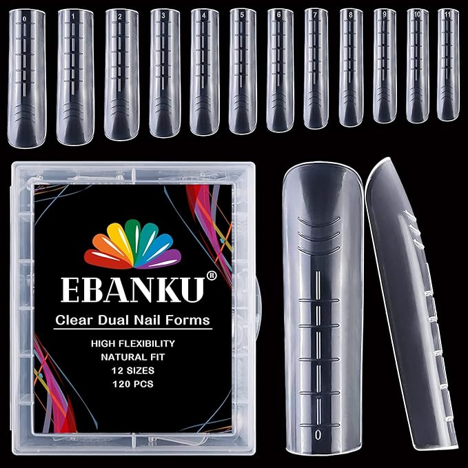 EBANKU 120Pcs Poly Extension Gel Dual Nail Forms - Square Clear Coffin Nail Molds, 12 Sizes for Gel Manicure & DIY