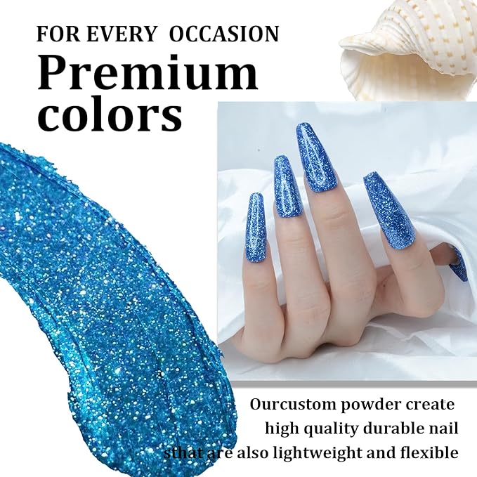 Nail Dip Powder Glitter Blue Color, No Lamp Curing, French Powder Pro Collection System Nail Art Starter Manicure Salon DIY at Home, Odor-Free & Long-Lasting, 1 Oz