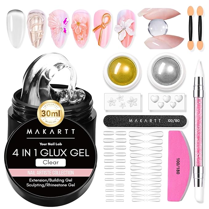 Makartt 3D Sculpting Gel Kit: 30g Clear 3D Nail Art Gel Non-Sticky Carving Molding Extension Builder Painting Solid Glues for DIY Manicure, Molding Hard Gels with Gold & Silver Chrome Powder