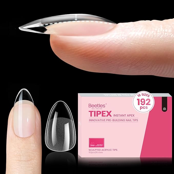 Beetles Tipex Instant Apex Nail Tips Almond Short 16 Sizes 192 Pcs Pre-Etched Pre-Building Strong Thick Acrylic Tips
