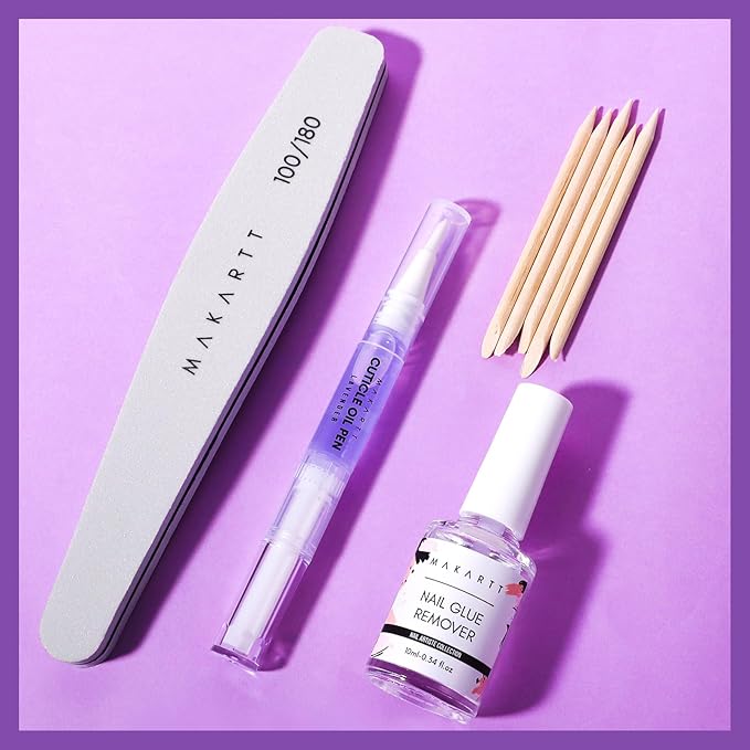 Makartt Nail Glue Remover Kit, for Press on Nails, 10ML Glue Off, 100/180 Grit Nail File Buffer, 5ML Cuticle Oil, All in One Press On Nails Remover and Nail Care Kit