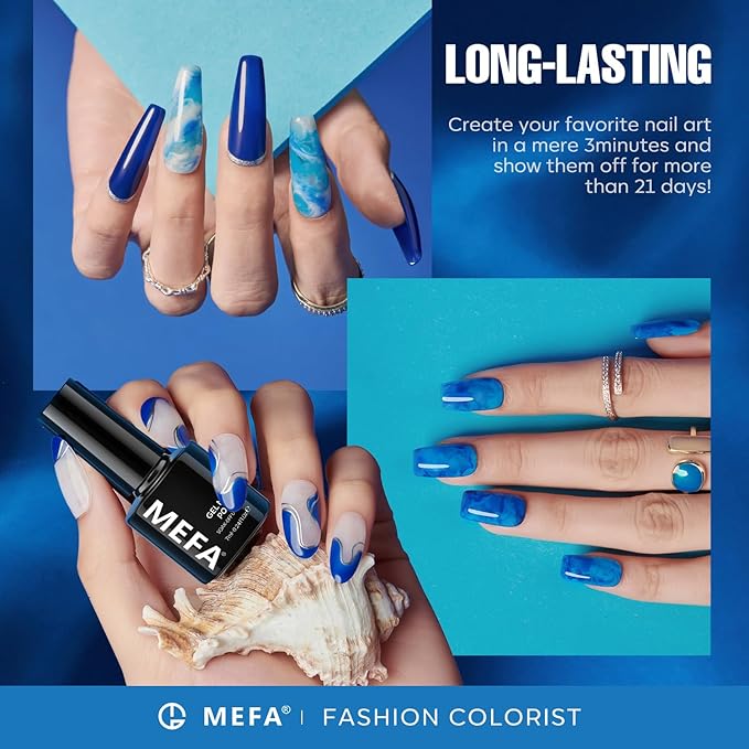MEFA Blue Gel Nail Polish Set,6 Colors Midnight Navy Sapphire Blue Nail Polish Azure Glitter Dark Shades Starter Kit Soak Off Shimmer Gel Nail Art Design DIY Salon Manicure Holiday Gift for Women