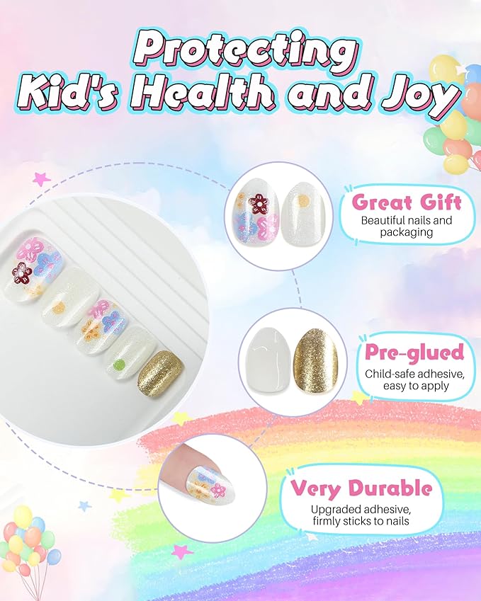 Press on Nails for Kids,tween Girls Trendy Stuff Fake Nails Kit,Pre-glue Glitter Stick on Nails for Kids 6,7,8,9,10-12 years old, Great for Girl Birthday Gifts,Parties&Makeovers Decoration