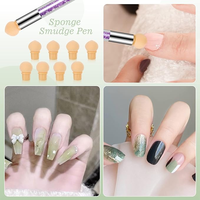 17 Pcs in 1 Set Nail Sponges for Ombre, Double-Head Ombre Brush for Gel Nails with 16 Pcs Replacement Head (Purple)