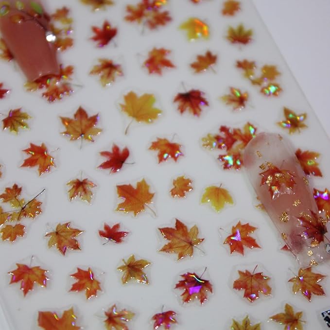 Fall Nail Stickers Thanksgiving 5D Embossed for Glitter Maple Leaves Glitter Nail Art 3D Self-Adhesive Nails Decoration Autumn Holiday Nail Decals DIY for Women Girls Manicure Supplies 4 Sheets