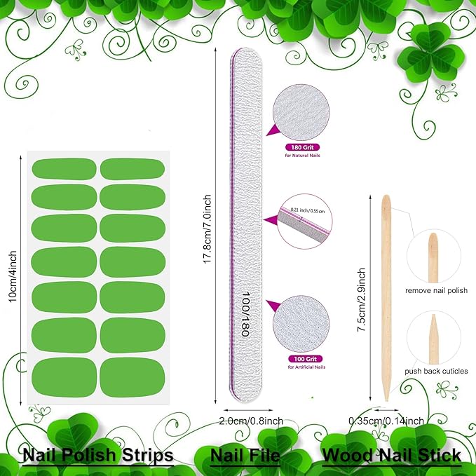 DANNEASY 16 Sheets Green Nail Polish Strips Nail Wraps for Women St. Patrick's Day Gel Nail Strips Self Adhesive Nail Polish Stickers Glitter Manicure Sticker with 1pc Nail File, Cuticle Stick