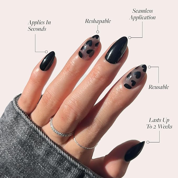 Valentines Day Glamnetic Press On Nails - Love Me Not | Opaque, Semi-transparent, Glossy Black Heart Nails, Salon Quality | 15 Sizes - 30 Nail Kit with Glue