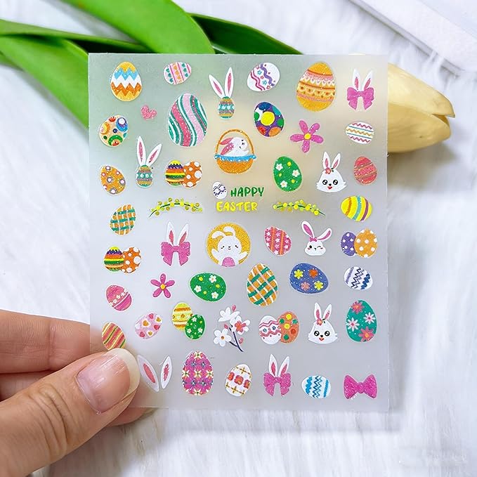 Easter Glitter Nail Art Stickers Decals 3D Self-Adhesive Nail Art Accessories Cartoons Bunny Chick Egg Designs Sticker Lovely Easter Manicure DIY Nail Decorations 6 Sheets