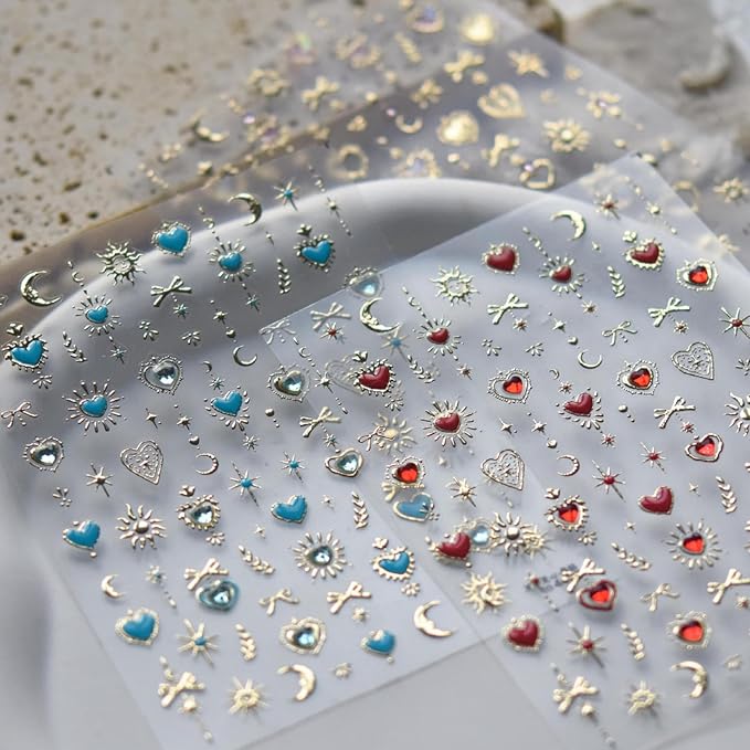 Heart Nail Sticker Decals Star Moon Nail Art Stickers with Diamond Design Red Blue Nails Decals 5D Embossed Self Adhesive Love Nail Charms for Women Girls Kid Manicure Supply Decoration Accessories