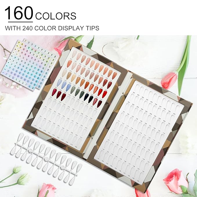160 Nail Color Book,with 240 Flase Tips & 1-200 Number Sticker Labels,Professional Nail Color Swatches Book for Polish UV Gel(Brown)
