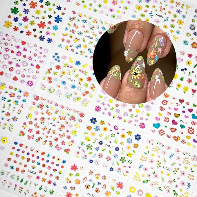 30 Sheets Flower Nail Art Stickers Colorful Flower Nail Stickers for Nail Art 3D Self-Adhesive Floral Designs Nails Decals Spring Nails Supplies for Women Girls Manicure Decorations