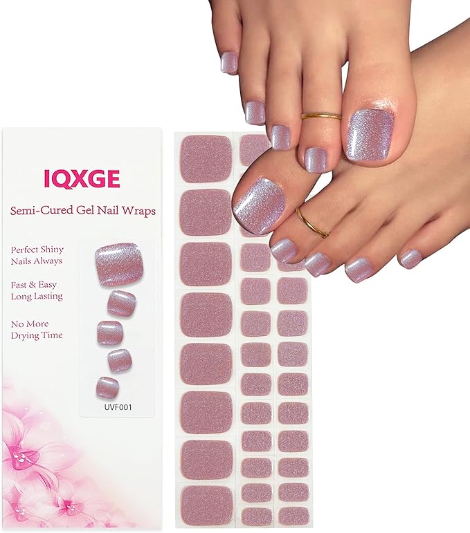 34 Pcs Semi Cured Gel Toe Nail Strips Light Purple Glitter Gel Nail Stickers Full Cover Nails Wraps Self Adhesive Toe Nails Polish Strips Stickers for Women UV/LED Light Required