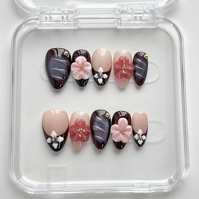 Luxury Press on Nails Short Almond Handmade 3D Unique Reusable ABS Material Fake Nails French Tip Purple False Nails with Designs Water Ripple Flower Glossy Glue on Nail Thick Acrylic Nail(M)