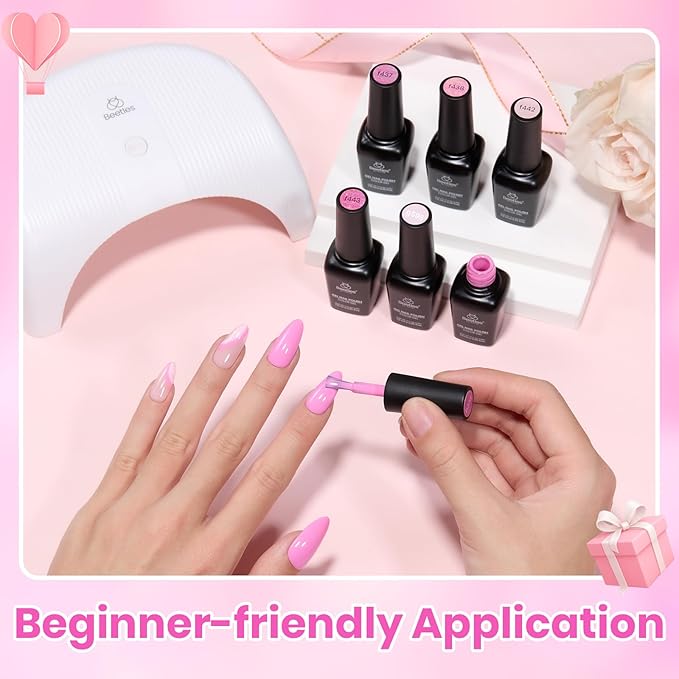 Beetles Pink Gel Nail Polish Set - 6 Colors Shimmer Nail Polish Nail Kit Hot Pink Pearl White Glitter Color Gel Pink Reverie Collection Soak Off Uv LED Nail Lamp Spring Gift for Women & Girls