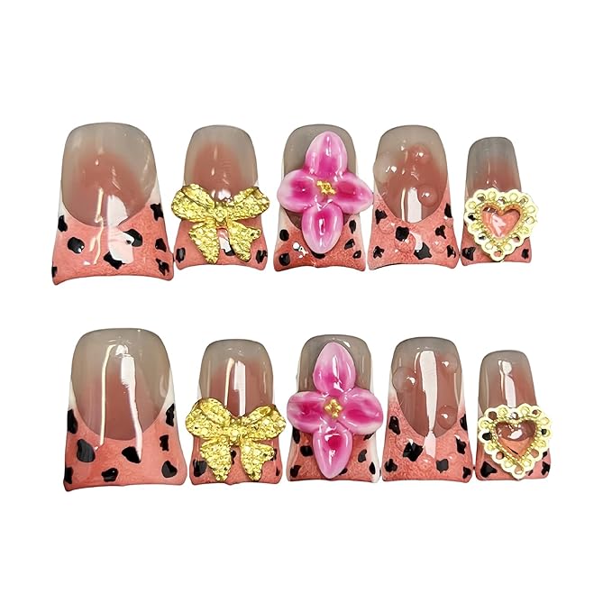 10pcs Handmade Press on Nails for Women - Medium Duck Curve 3D Thick Acrylic Fake Nails Reusable,Designer Floral Butterfly Rhinestones Bling Boho Funky Y2k Nail-art Set,M,pink leopard