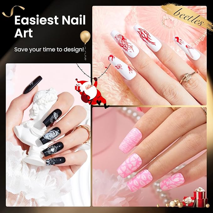 Beetles Nail Stamp Gel 16Pcs French Tip Nail Stamp Kit with 8 Colors Stamper Gel Polish, 5 Nail Stamping Templates, Scrapers, Liquid Latex & Short Silicone Stamper Gift for Women