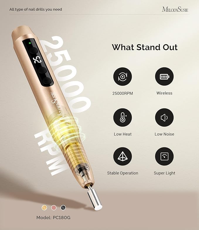 MelodySusie Pen-Shaped Portable Cordless Nail Drill,PC180G 25000RPM Rechargeable Electric File with LED Display for All Nail Care, Manicure Shaping & Acrylic Gel Removal for Nail Artists DIY at Home