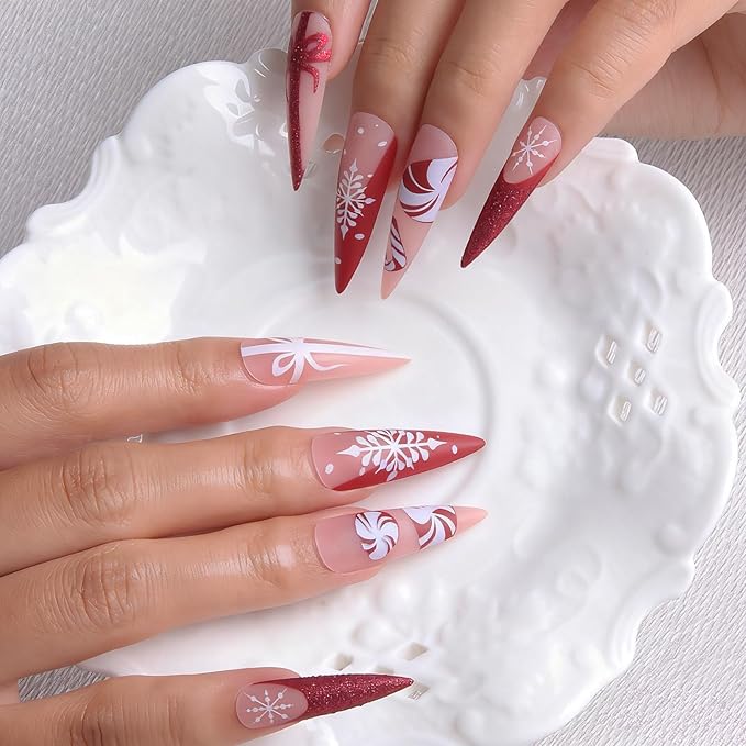 24pcs Red Long Almond French Tips Press On Nails with Snowflakes, Candies and Bows for Themed Costumes, Reusable Nail Kit with Nail Adhesive Tabs Mini Nail File, 12 Sizes (Red Candy)