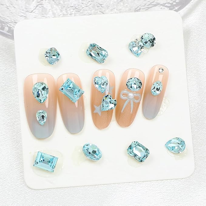 DONGZHOU 72pcs Mix Shape Nail Art Rhinestone,7 Styles Glass Nail Rhinestones Pointback Nail Gems Shiny 3D Nail Charms for Nail DIY Decorations Crafts,Aquamarine