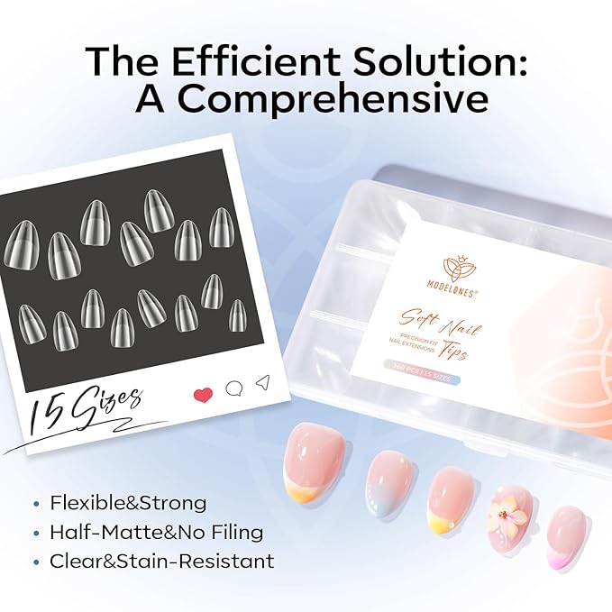 modelones Extra Short Almond Gel Nail Tips, 360pcs Pre-etched Clear Fake Nails Press On Full Cover Half Matte 15 Sizes Acrylic Gel Tips for Extension Salon