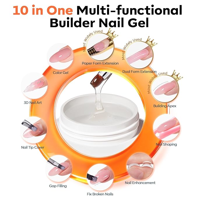 modelones Gel Builder for Nails 2 Colors, 10-in-One Builder Hard Gel Nail Kit Clear Nude with Dual End Brush, Acrylic Clamps, 100PCS Paper Forms for Sculpting Extension Overlays Salon LED Cured