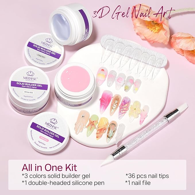 MIZHSE Solid Builder Gel for Nails, Non-Sticky Clear White Pink 3D Nail Art, Sculpting Building Hard Gel with Dual Form Silicone Pen for Carving Patterns Decoration Nail Art Manicure Home DIY