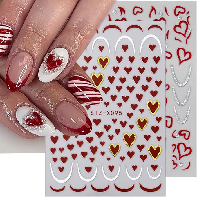 6 Sheets Valentines Day Nail Art Stickers French Tip Nail Stickers Red Pink Love Bow French Designs Cute Nails Art Supplies Romantic Heart Nail Decals for Women Holiday Manicure Decorations DIY