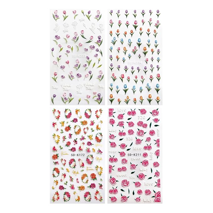 Nail Stickers, 4 Sheets Floral Nail Art Decals, Self-Adhesive 5D Embossed Designs for DIY Manicure