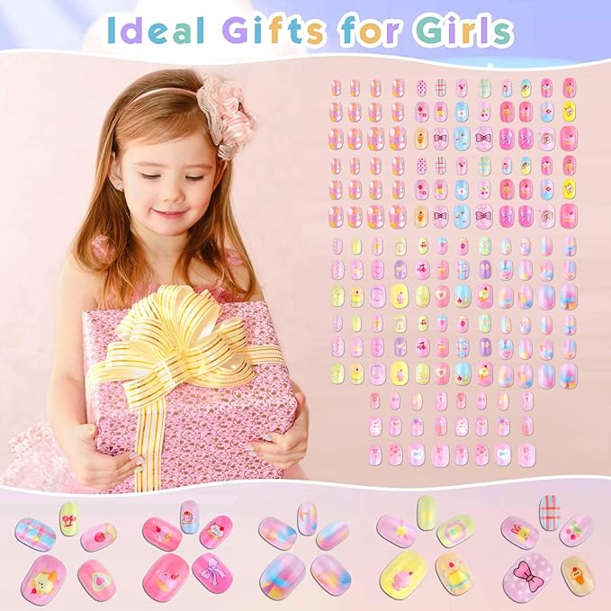Shynek Kids Press Nails for Girls, 168Pcs Children Fake Nails Pre Glue Nail Stickers Full Cover Short False Nails Set for Girls Gift Nail Art Decoration
