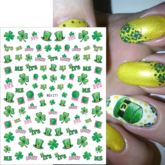 8Sheets St. Patrick's Day Nail Art Stickers Decals 3D Self Adhesive Spring Nail Decals Green Shamrock Nail Stickers Lucky Rainbow Clover Gnome Design Cute Nail Decoration Supplies for Women DIY