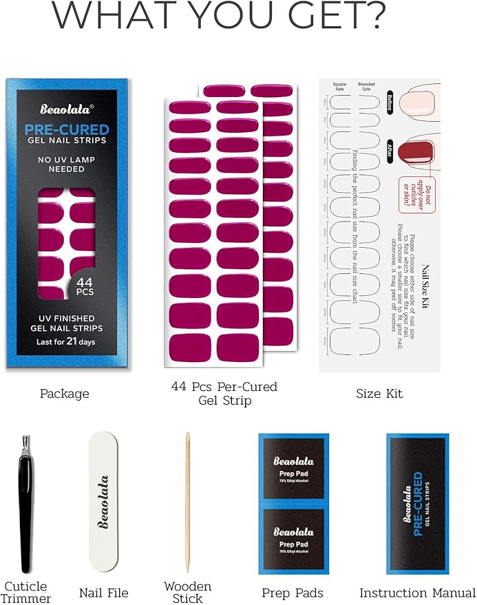Real Gel Nail Strips (No UV Light Needed) - 44Pcs Salon Quality Nail Stickers - Long Lasting Polish Wraps for Women, Easy Apply & Remove (Tropical Pink）