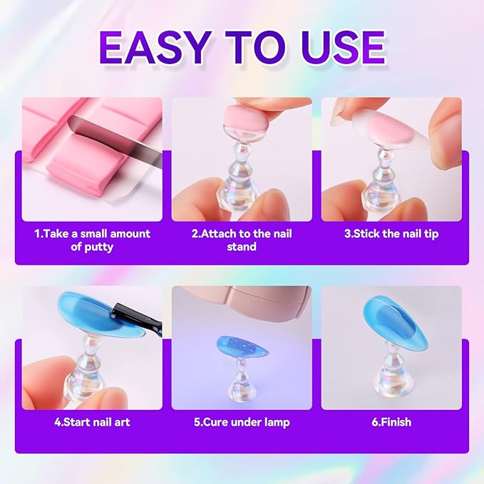 Makartt Nail Holder for Painting Nails: Press on Nails Stand for Art Display Practice, Pink Glitter Magnetic Fake Holders with Reusable Adhesive Putty Nail Art Tool for Home Salon DIY Use